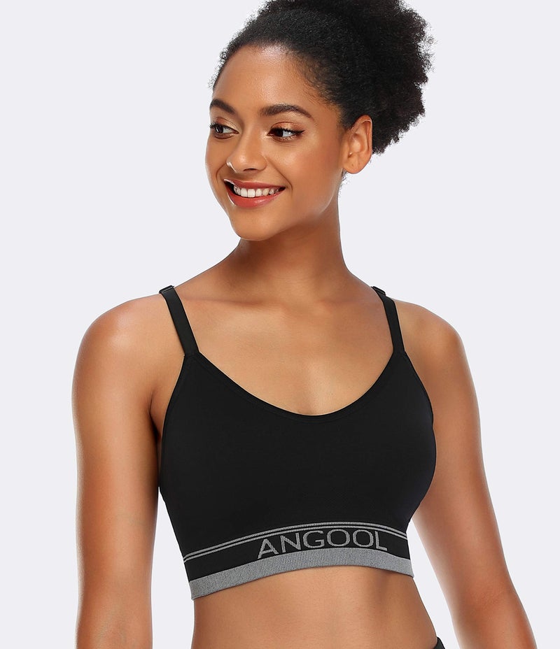 ANGOOL Strappy Sports Bra for Women, Longline Medium Support Yoga Bra Wirefree Padded Sports Bra with Adjustable Straps Black - Image 2